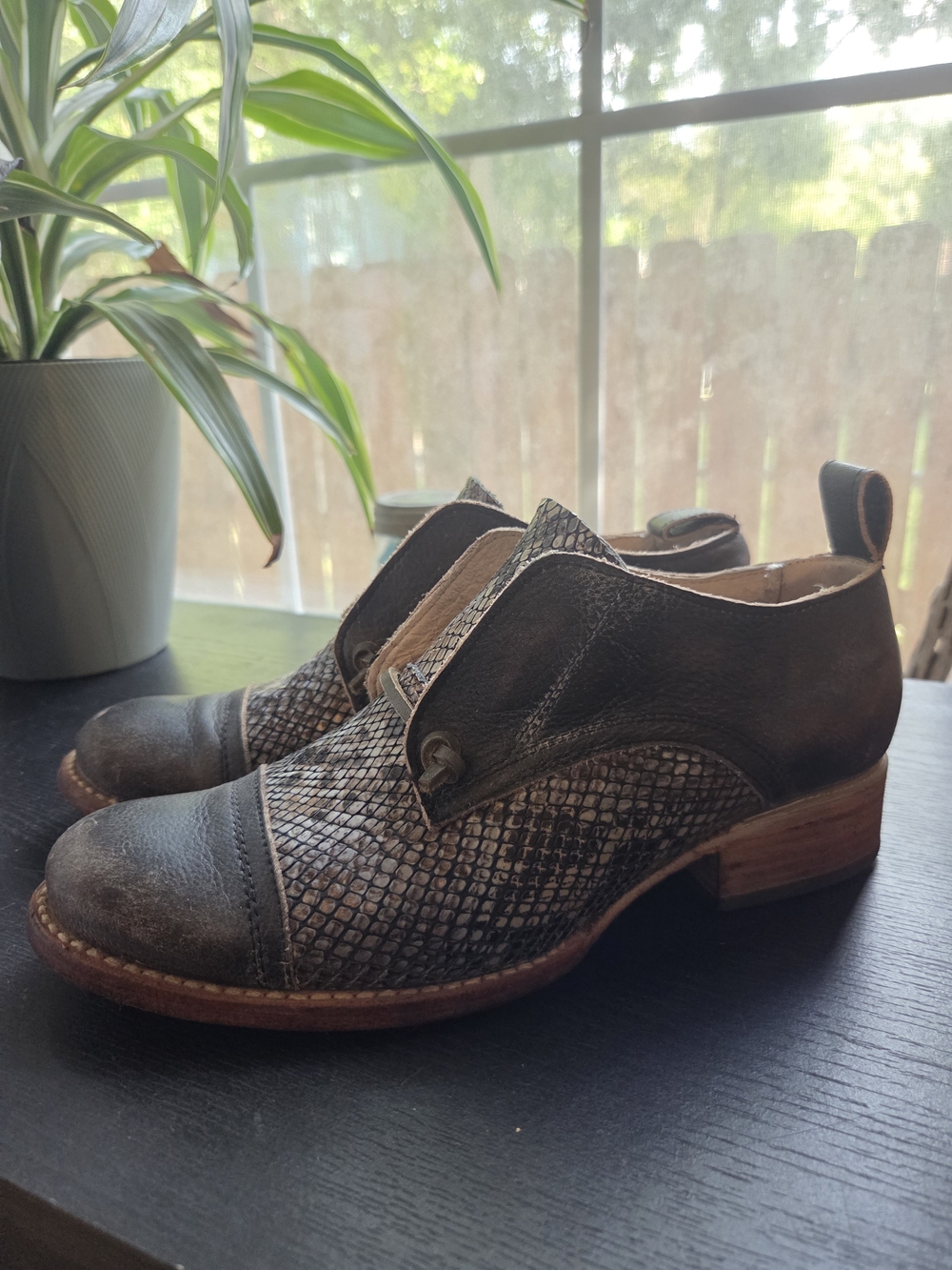 freebird Distressed Black and Brown Textured Leather Oxfords